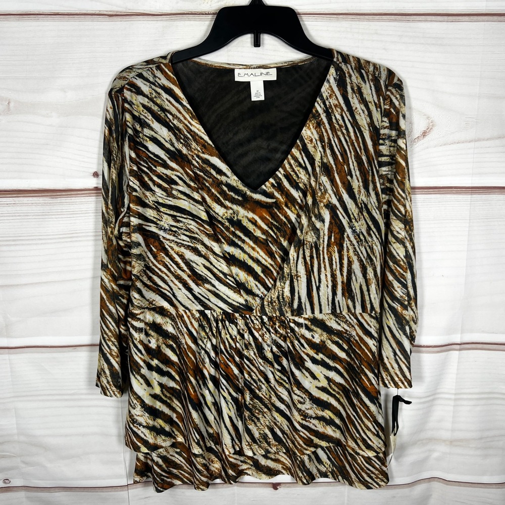 Emaline V-Neck Top Womens Medium Brown Tiger Print Mesh Knit 3/4 Sleeve Blouse